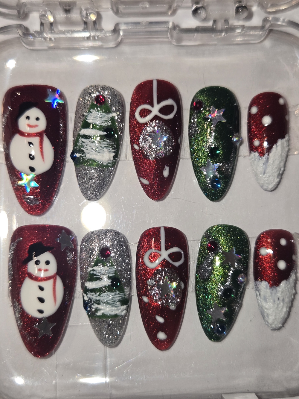 Hand Crafted Red & Green Holiday Press-On Nail Set with Snowman & Tree Accents